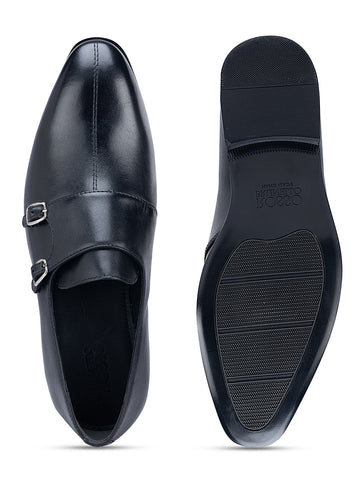 Black Plain Double Monk Strap Shoes
