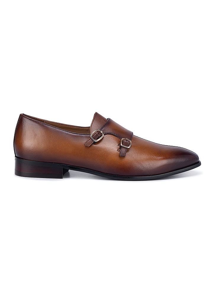 Tan Plain Double Monk Strap Shoes