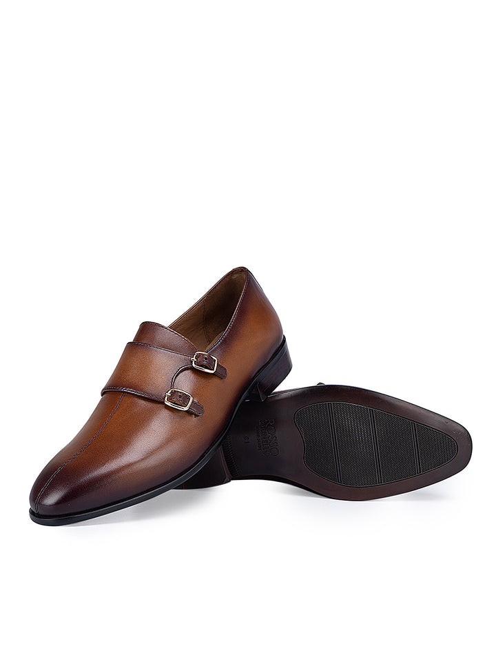 Tan Plain Double Monk Strap Shoes