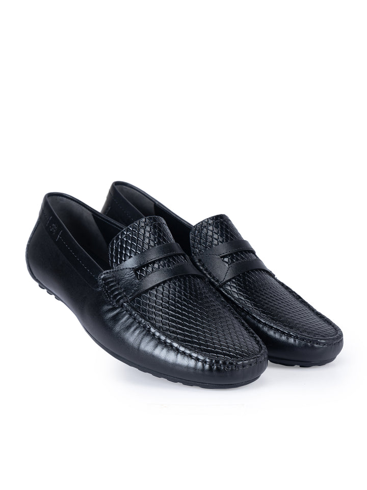 Black Textured Leather Moccasins