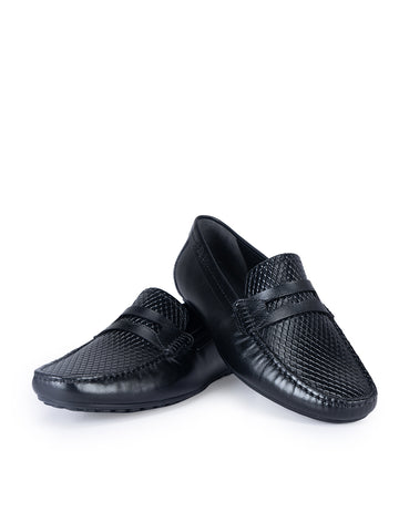 Black Textured Leather Moccasins