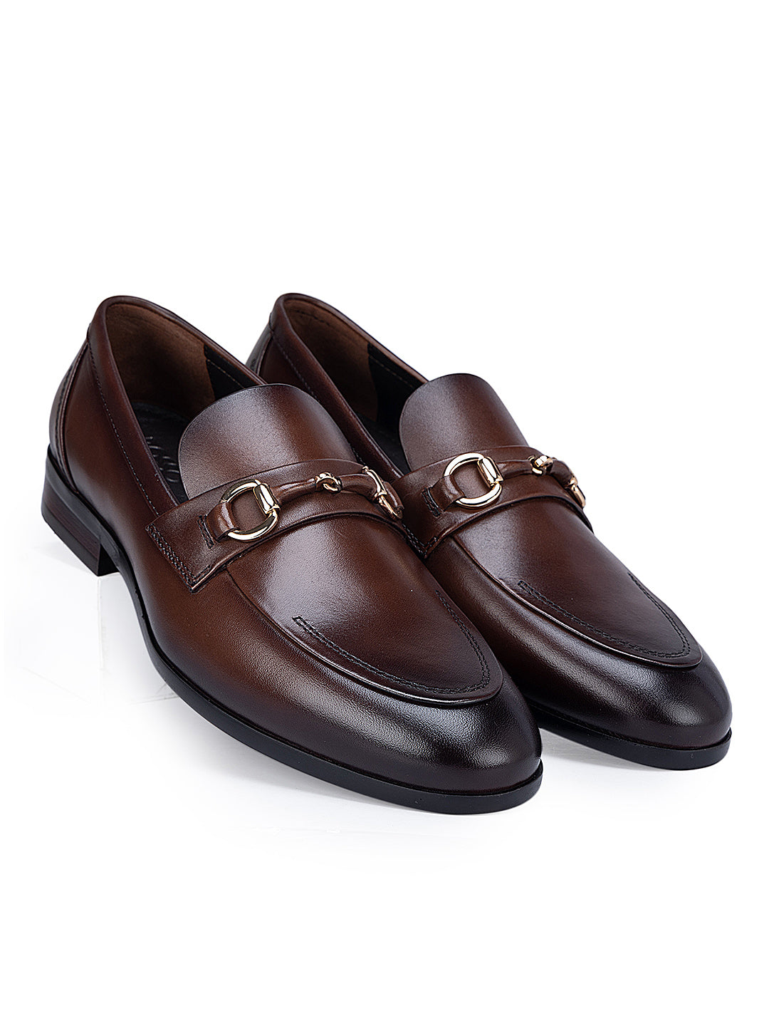 Coffee Leather Loafers with Metal Buckle