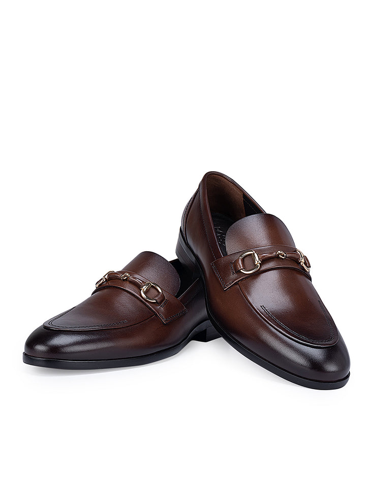 Coffee Leather Loafers with Metal Buckle