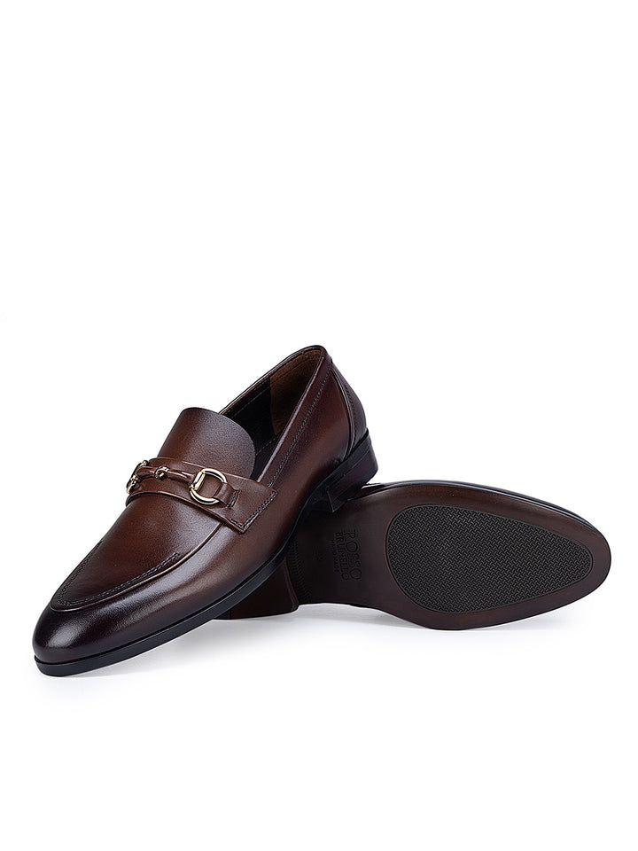 Coffee Leather Loafers with Metal Buckle