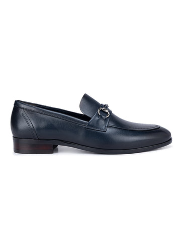 Navy Leather Loafers with Metal Buckle