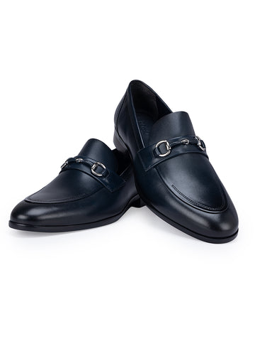 Navy Leather Loafers with Metal Buckle