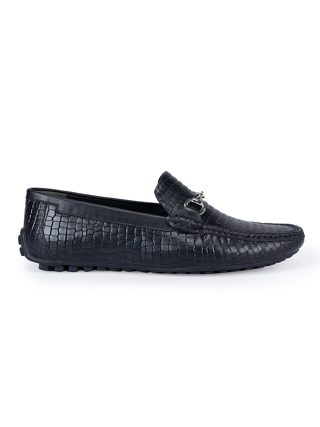 Black Textured Moccasins With Buckle