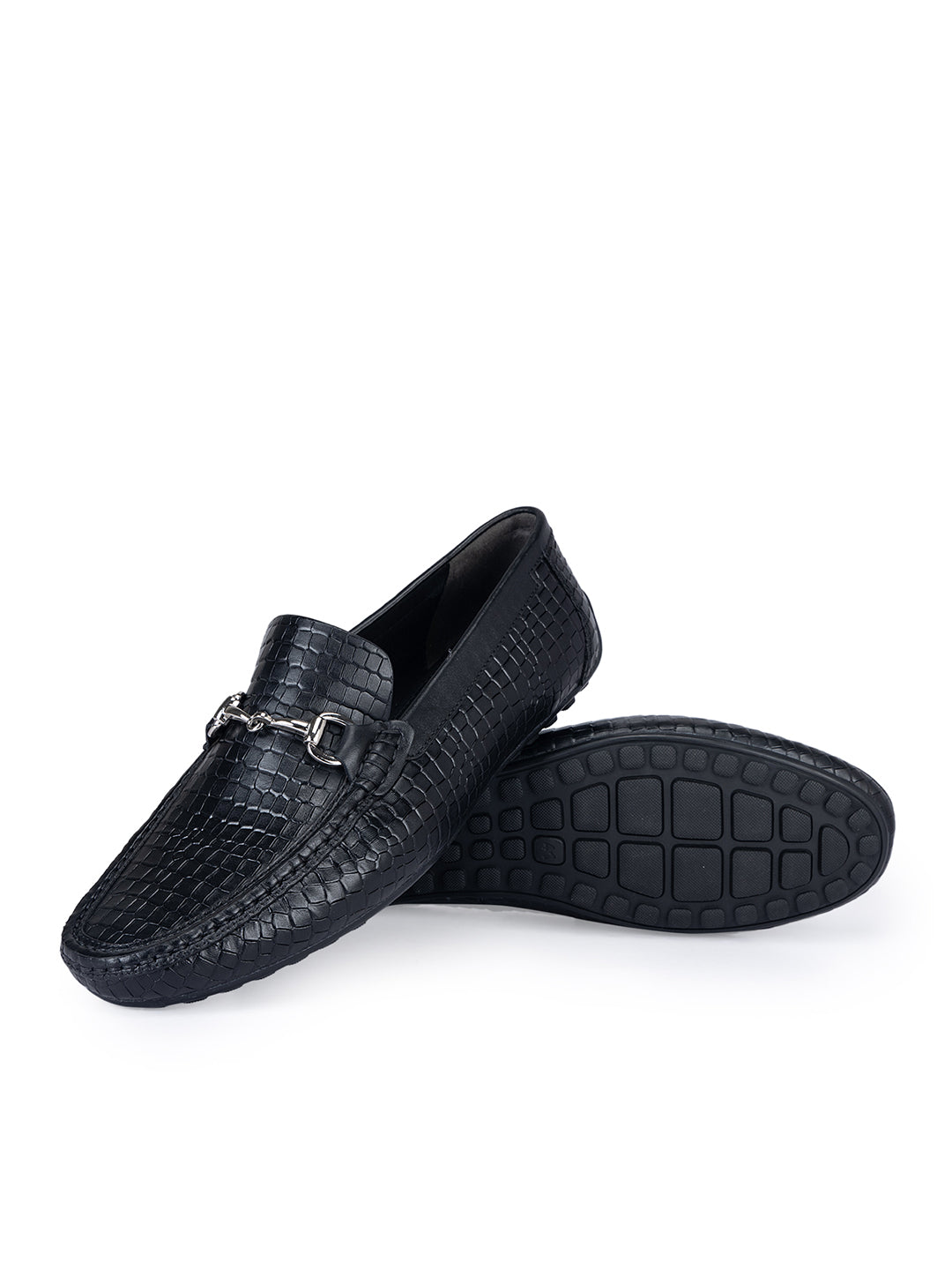 Black Textured Moccasins With Buckle