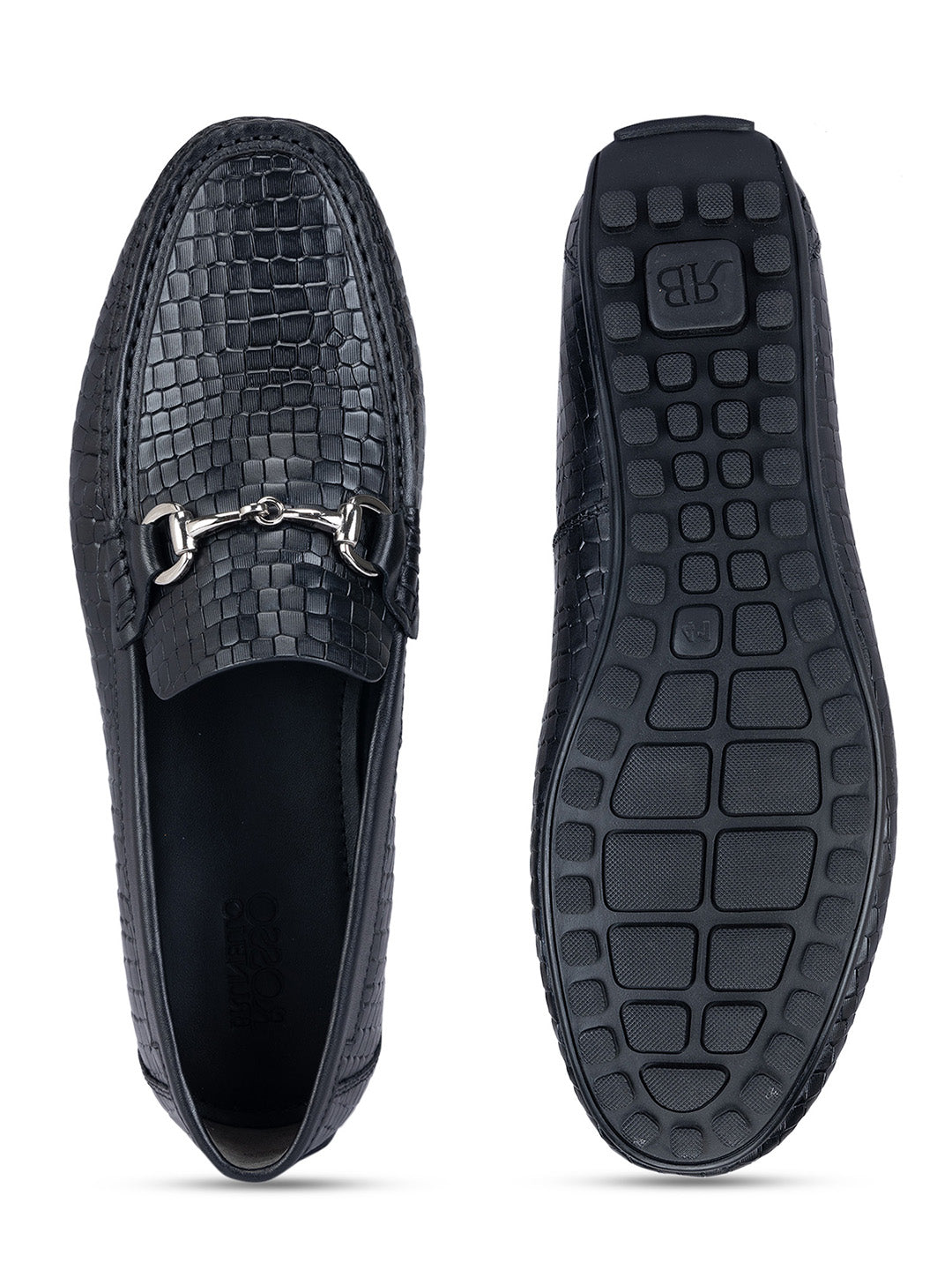 Black Textured Moccasins With Buckle