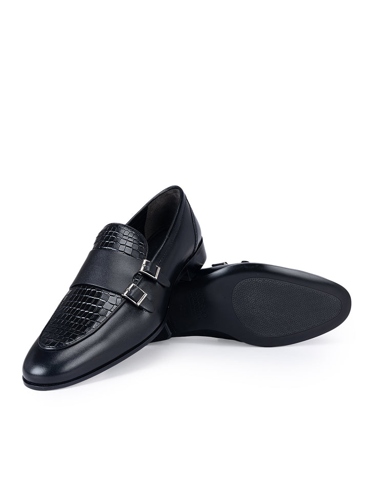 Black Textured Double Monk Straps