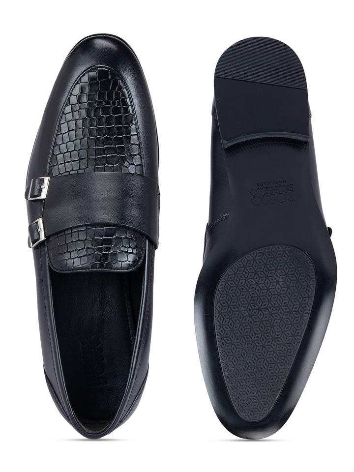 Black Textured Double Monk Straps