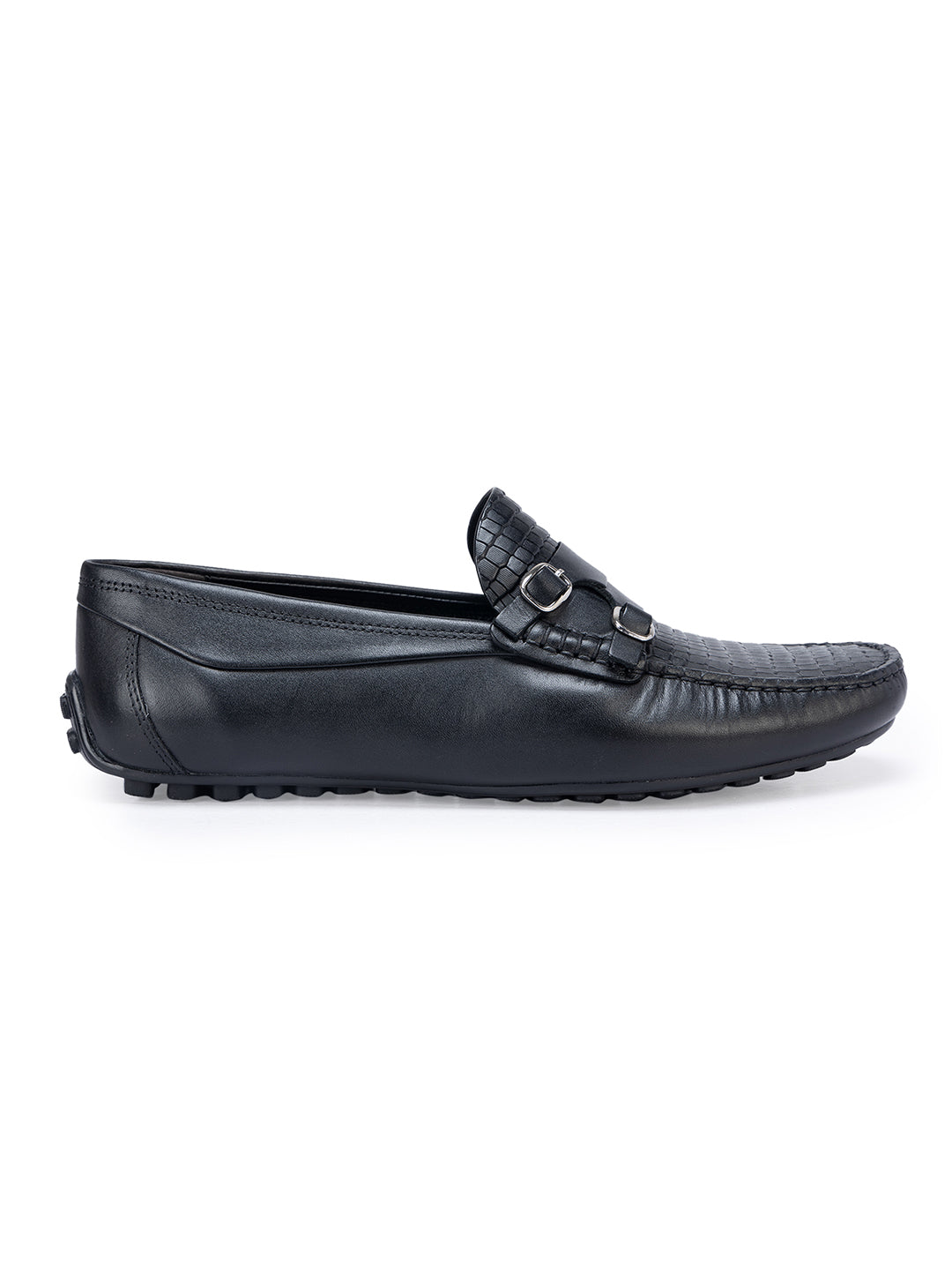 Black Textured Monk Style Moccasins