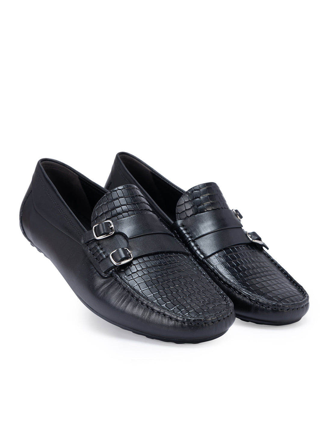 Black Textured Monk Style Moccasins