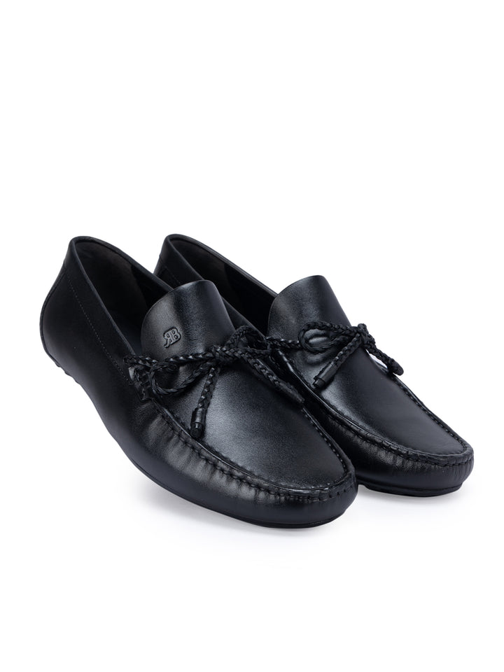 Black Leather Moccasins With Bow Detail