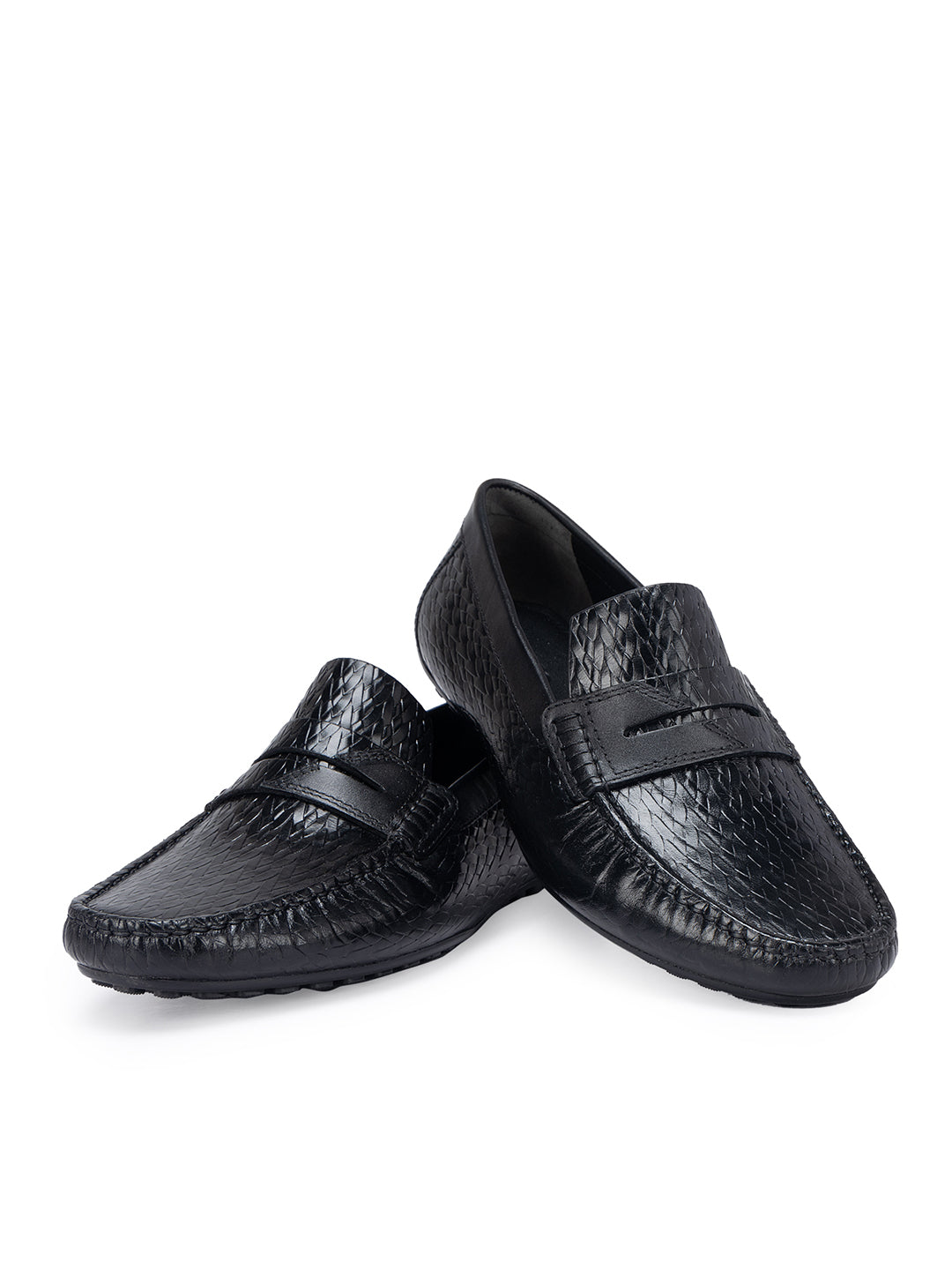 Black Textured Leather Moccasins