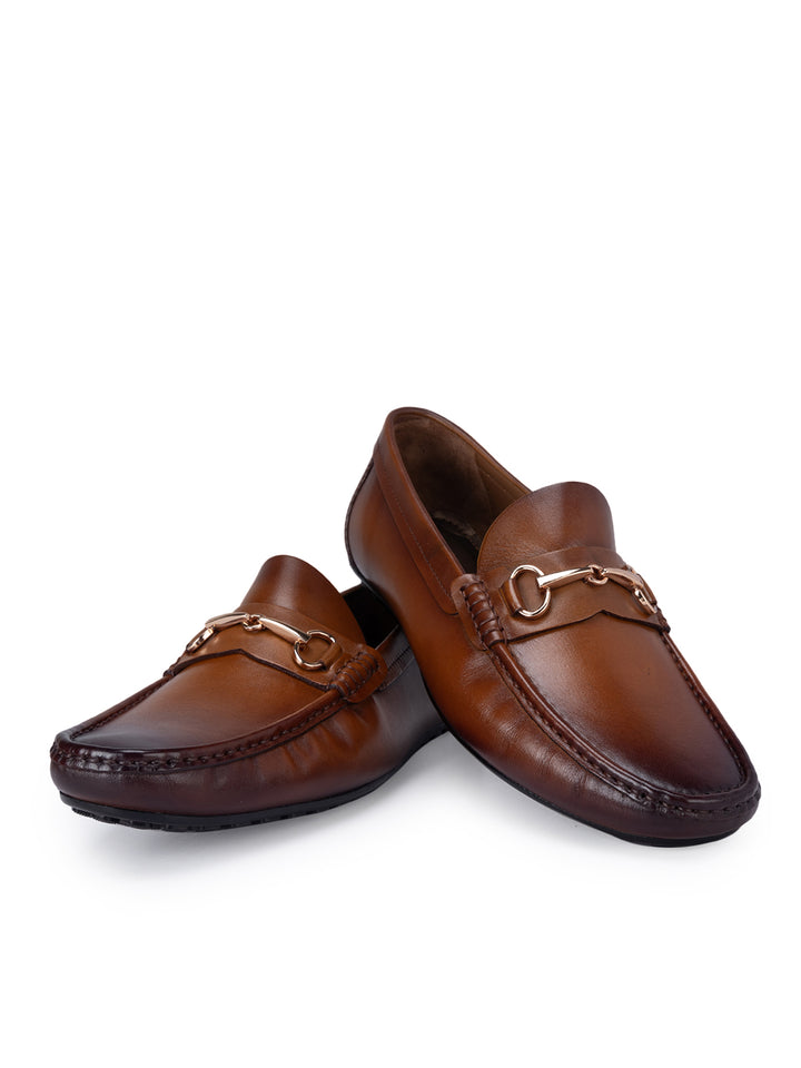 Tan Leather Moccasins With Metal Embllishment
