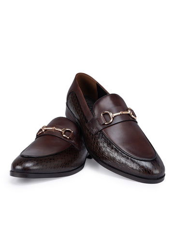 Coffee Leather Loafers With Metal Buckle