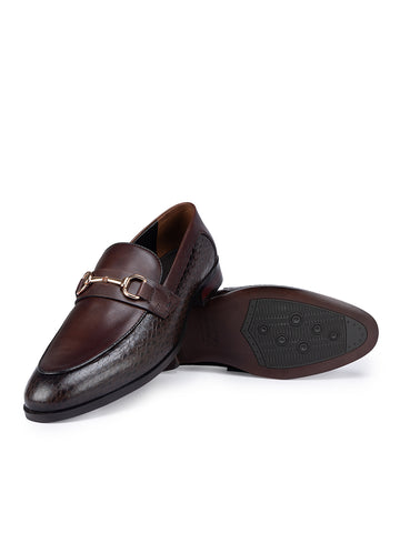 Coffee Leather Loafers With Metal Buckle