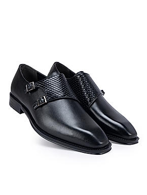 Black Textured Leather Monk Straps