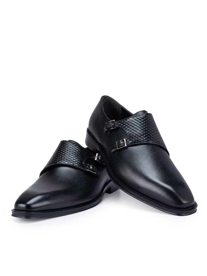 Black Textured Leather Monk Straps