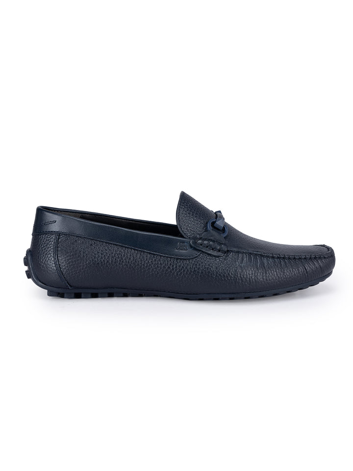 Navy Leather Moccasins With Buckle