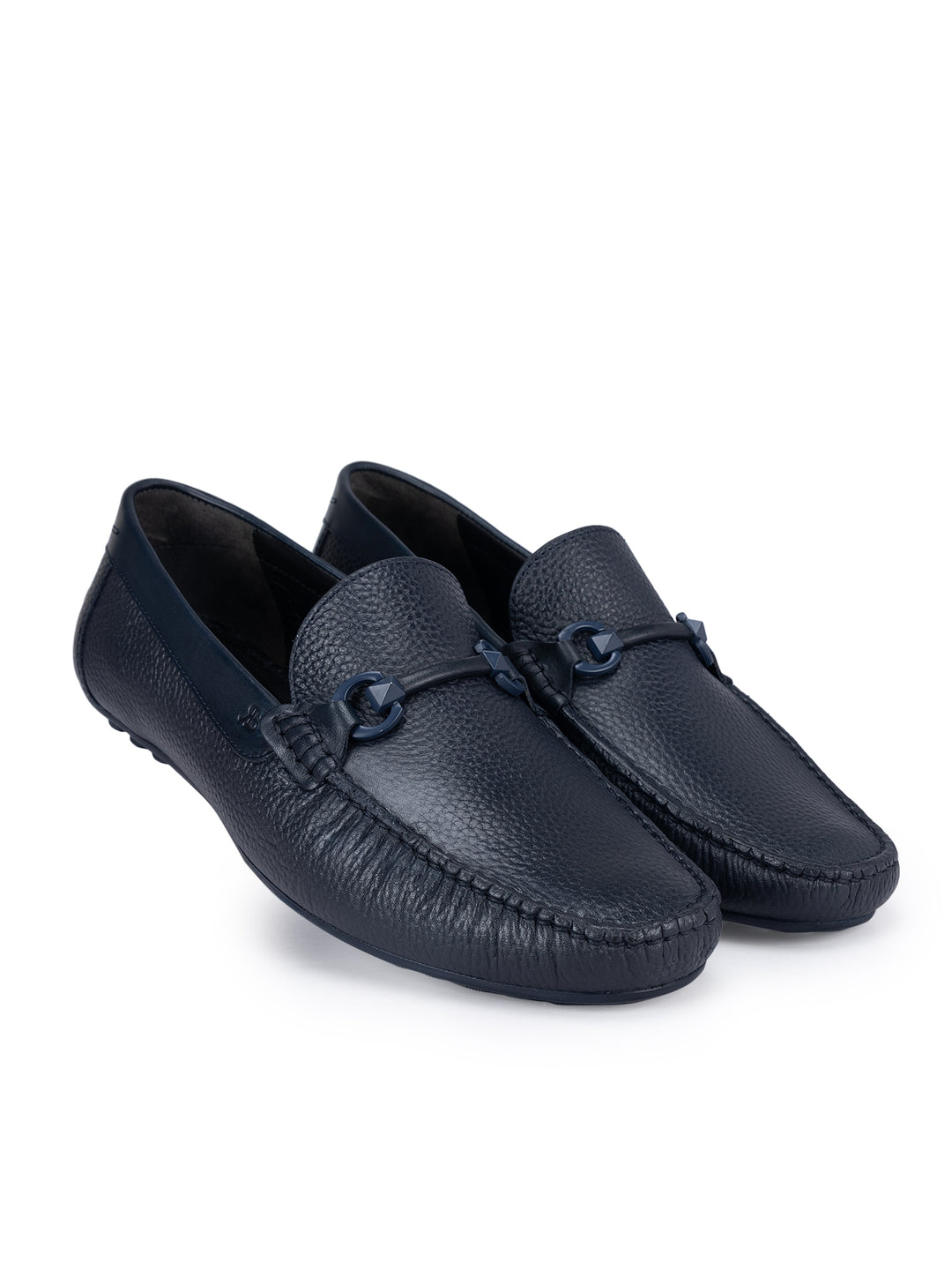 Navy Leather Moccasins With Buckle