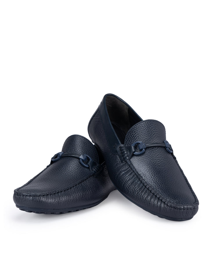 Navy Leather Moccasins With Buckle