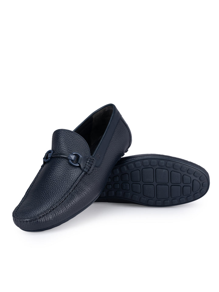 Navy Leather Moccasins With Buckle