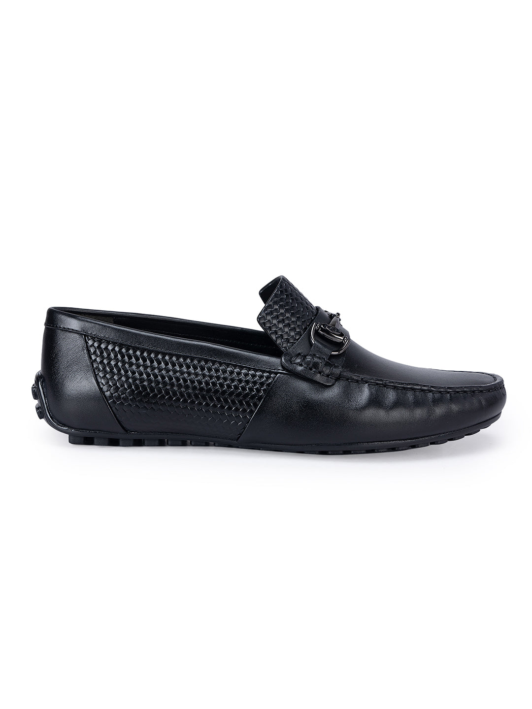 Black Textured Leather Moccasins