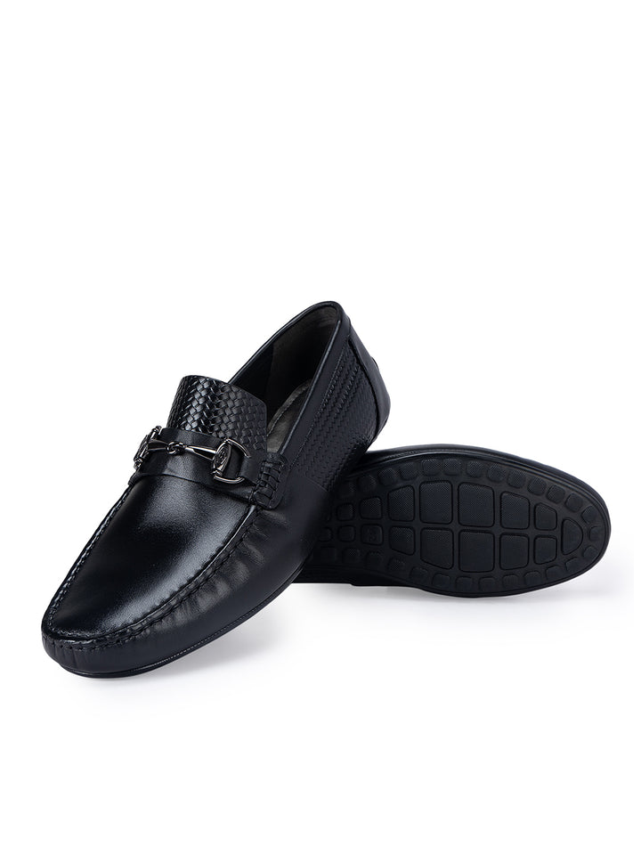 Black Textured Leather Moccasins