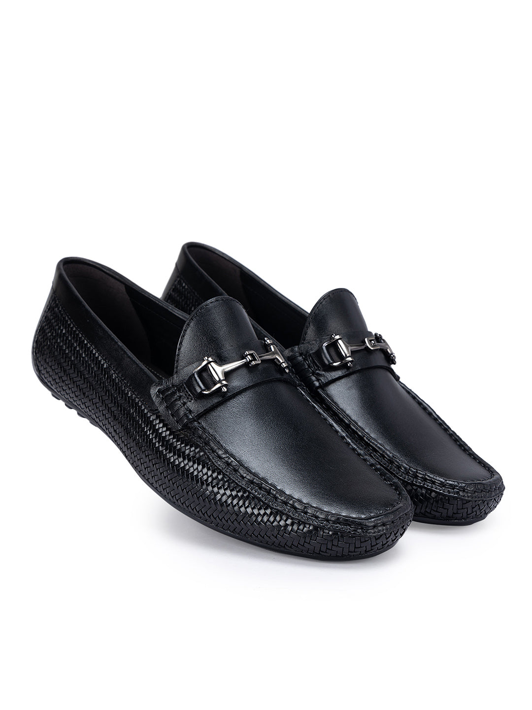 Black Textured Leather Moccasins