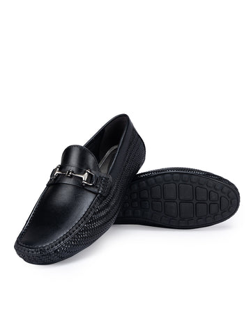 Black Textured Leather Moccasins