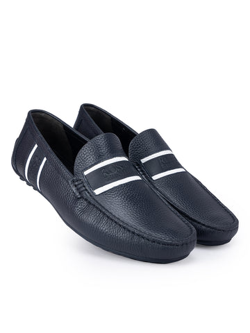 Navy Striped Leather Moccasins