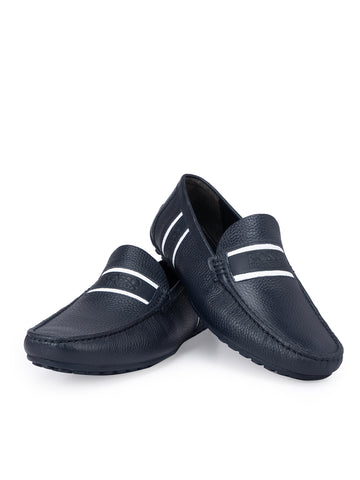 Navy Striped Leather Moccasins