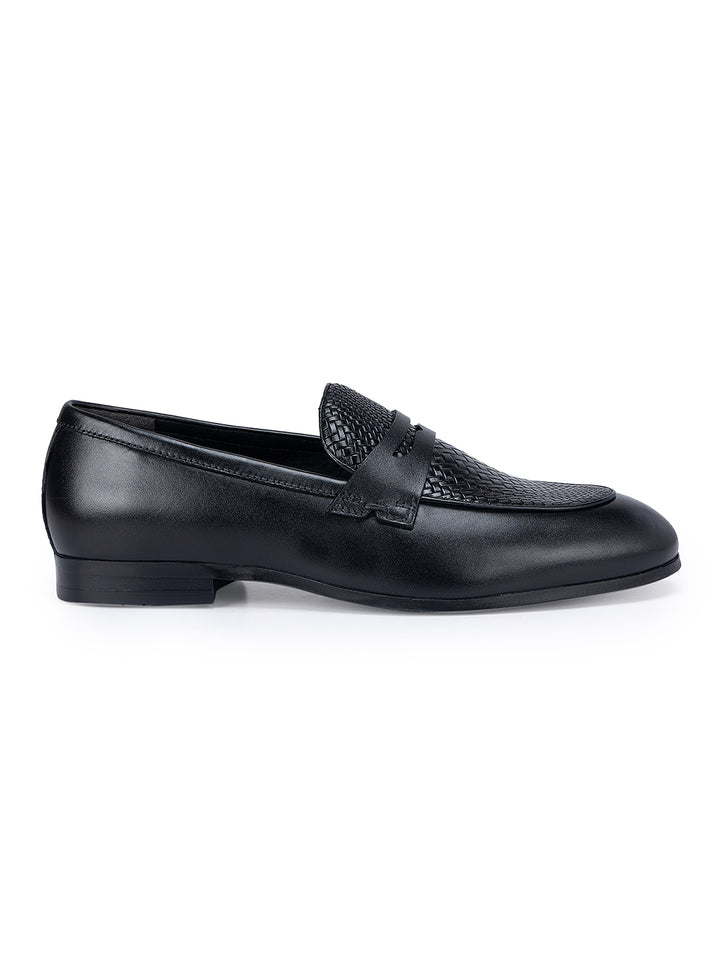 Black Textured Leather Loafers