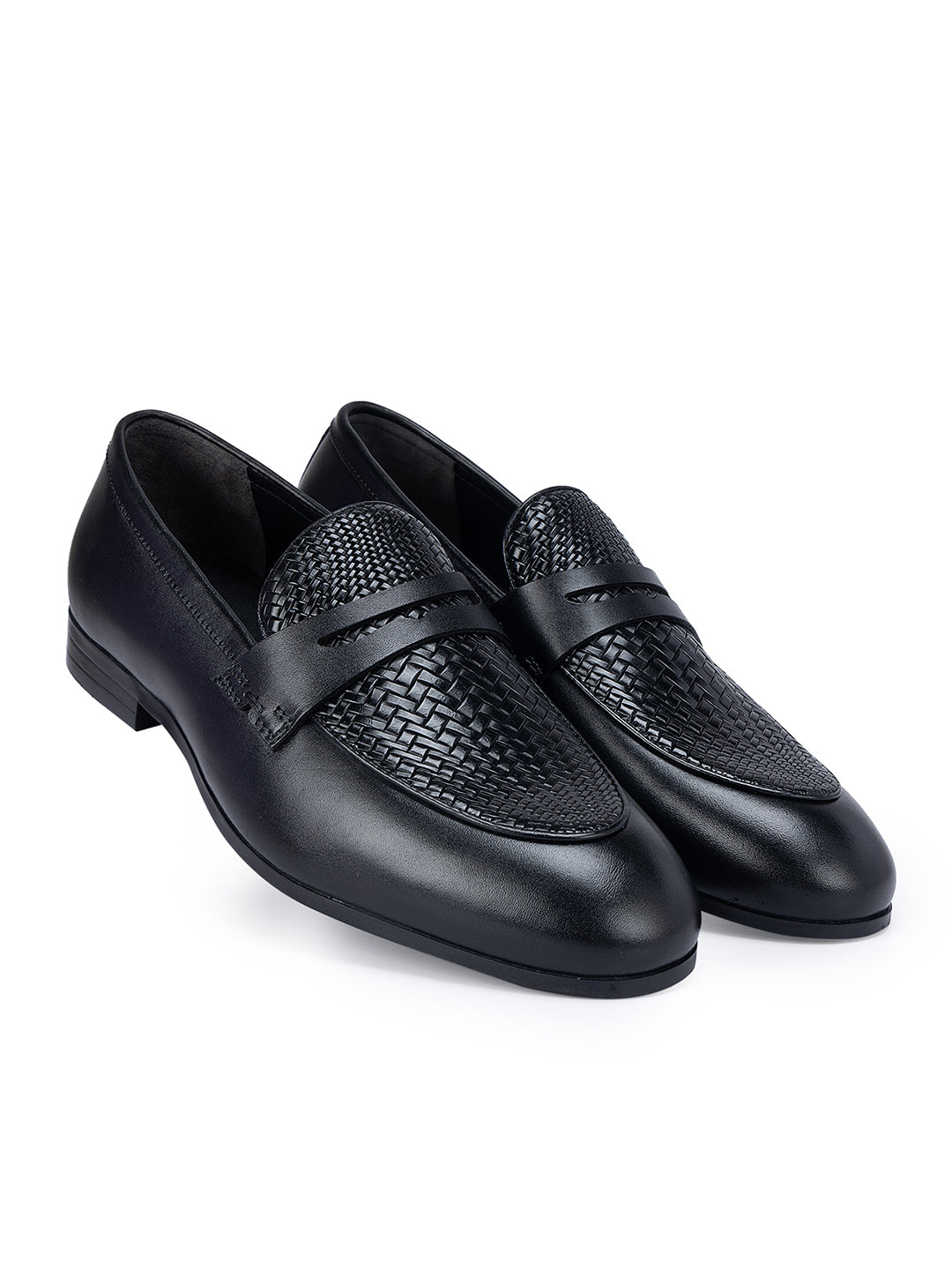 Black Textured Leather Loafers