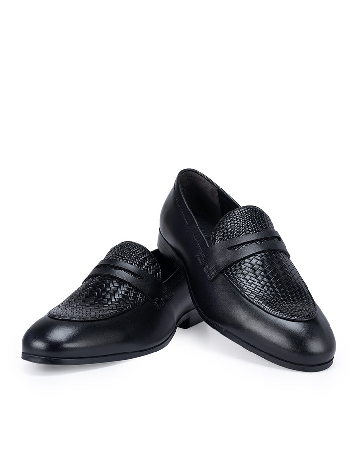 Black Textured Leather Loafers