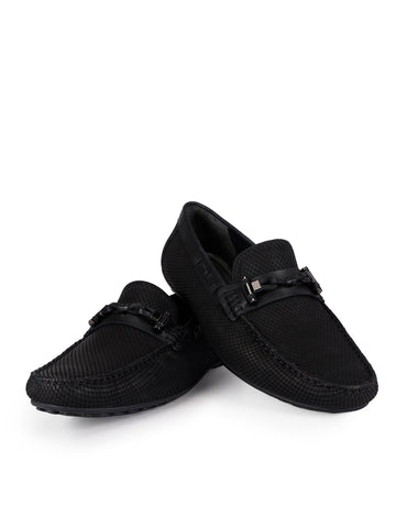 Black Printed Leather Moccasins