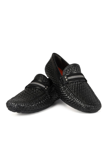 Black Textured Leather Moccasins