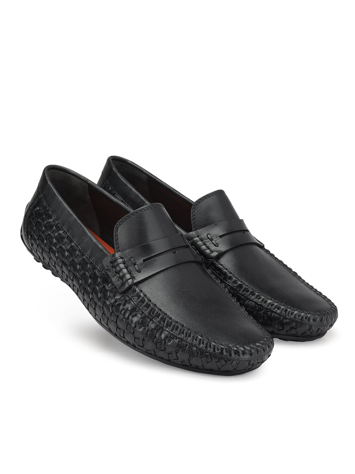 Black Textured Leather Moccasins