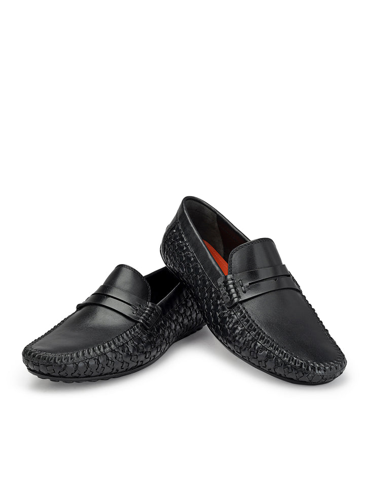 Black Textured Leather Moccasins