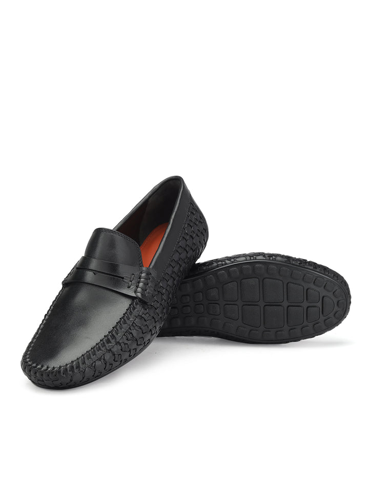 Black Textured Leather Moccasins