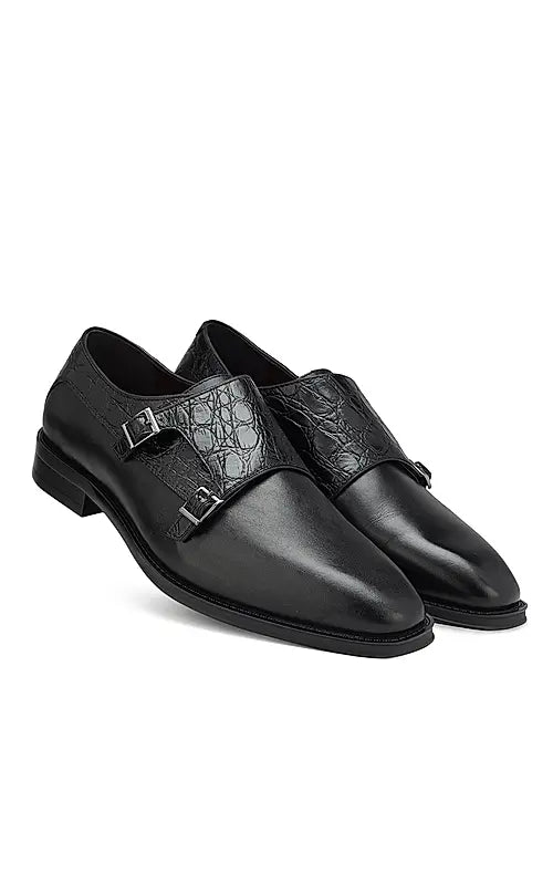 Black Croco Textured Monk Straps