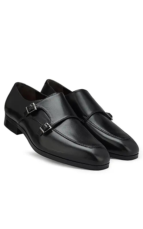 Black Plain Leather Monk Straps