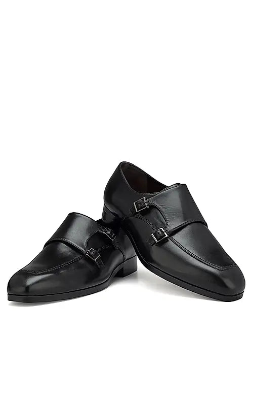 Black Plain Leather Monk Straps