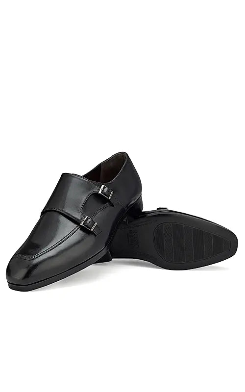 Black Plain Leather Monk Straps