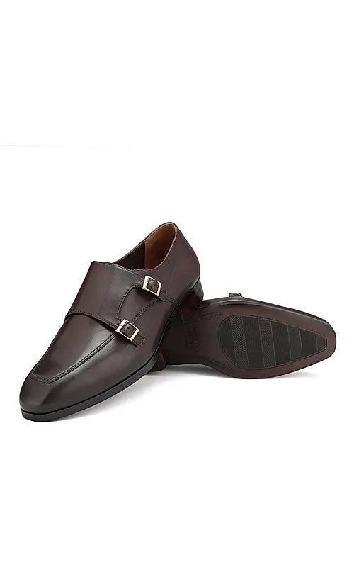 Coffee Plain Leather Monk Straps