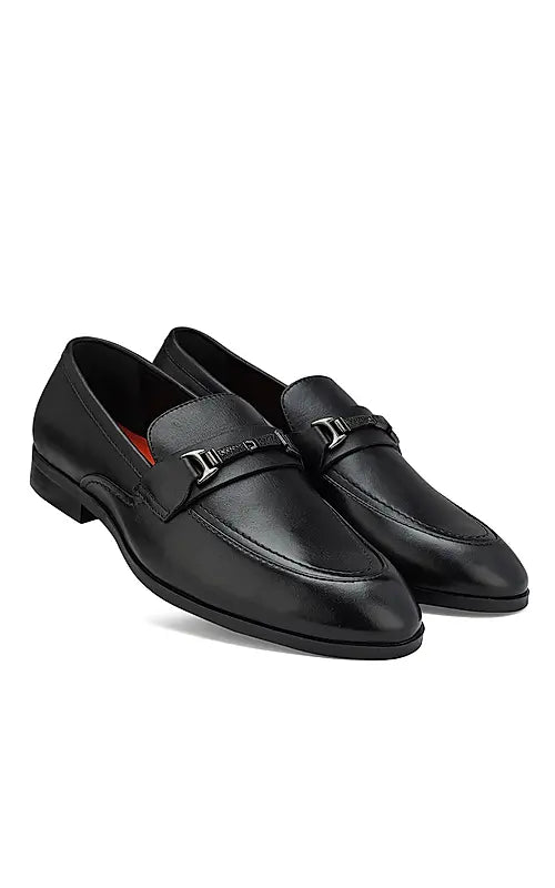 Black Plain Leather Loafers