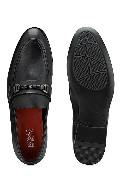 Black Plain Leather Loafers