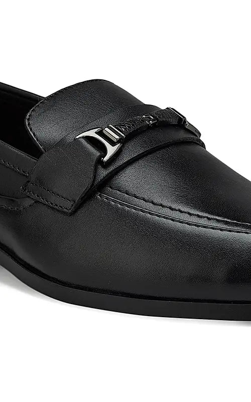 Black Plain Leather Loafers